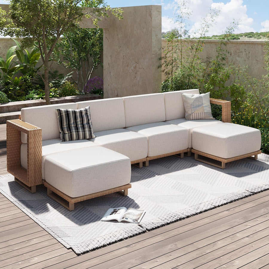Aoxun Patio Furniture Set, 6 Piece Outdoor Wicker Sofa, Yellow/Beige 