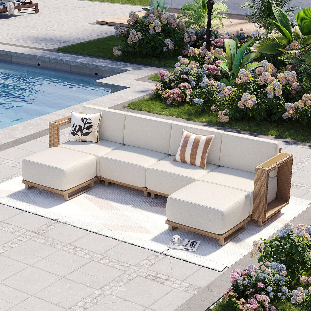 Aoxun Patio Furniture Set, 6 Piece Outdoor Wicker Sofa, Yellow/Beige 