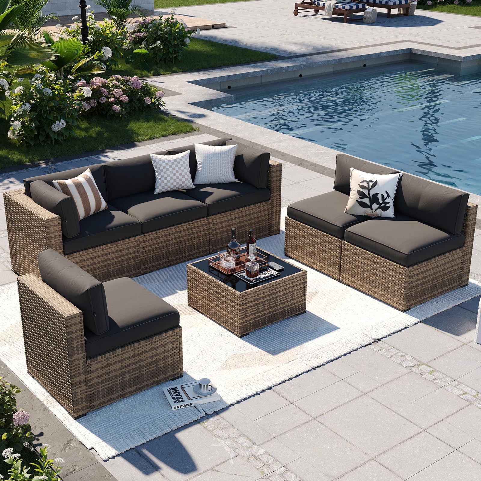 Aoxun Patio Furniture Sets, 7-Piece Outdoor Furniture with Thick Cushions, Wicker Conversation Set Sectional Sofa for Backyard, Poolside, Garden 