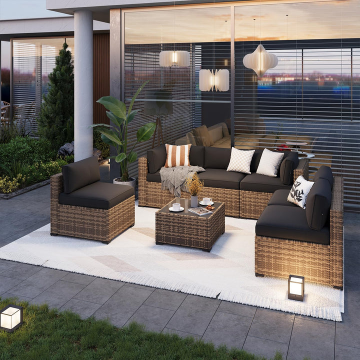 Aoxun Patio Furniture Sets, 7-Piece Outdoor Furniture with Thick Cushions, Wicker Conversation Set Sectional Sofa for Backyard, Poolside, Garden 