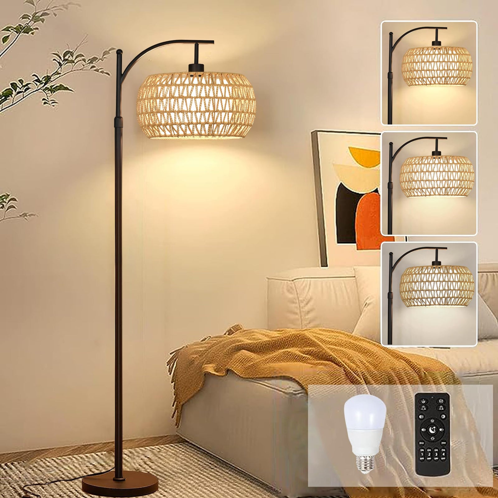 Arc Floor Lamps for Living Room Rattan Boho Floor Lamp with Remote Control,Dimmable LED Floor Lamp Wicker Lamp Shades Black Standing Lamp with 3 Color Temperature Tall Floor Lamps For Bedroom Corner 