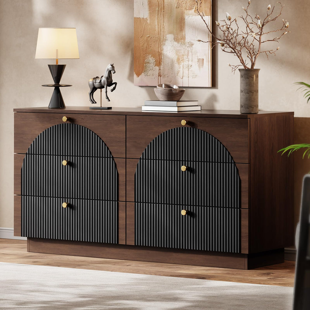 Arched Fluted Dresser for Bedroom with 6 Drawers 55" Wide Walnut Black 