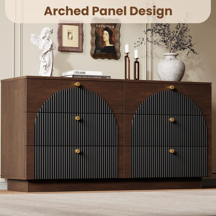 Arched Fluted Dresser for Bedroom with 6 Drawers 55" Wide Walnut Black 