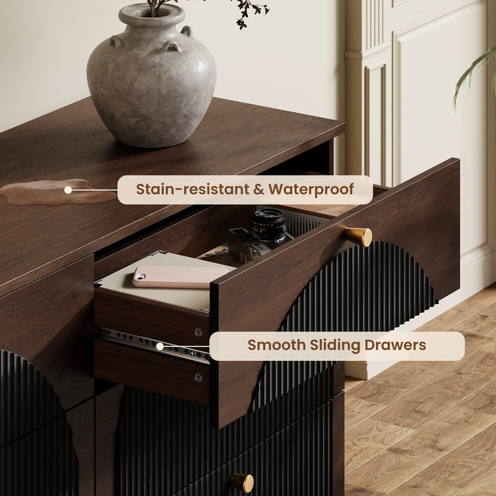 Arched Fluted Dresser for Bedroom with 6 Drawers 55" Wide Walnut Black 