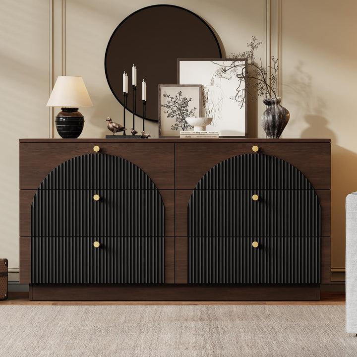 Arched Fluted Dresser for Bedroom with 6 Drawers 55" Wide Walnut Black 