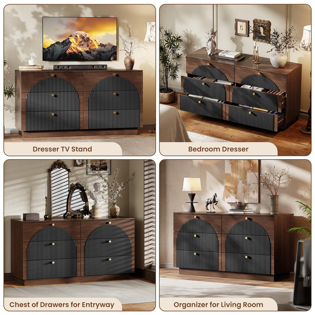 Arched Fluted Dresser for Bedroom with 6 Drawers 55" Wide Walnut Black 