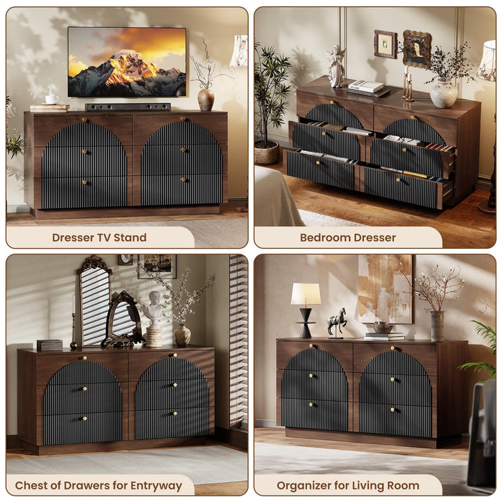 Arched Fluted Dresser for Bedroom with 6 Drawers 55" Wide Walnut Black 