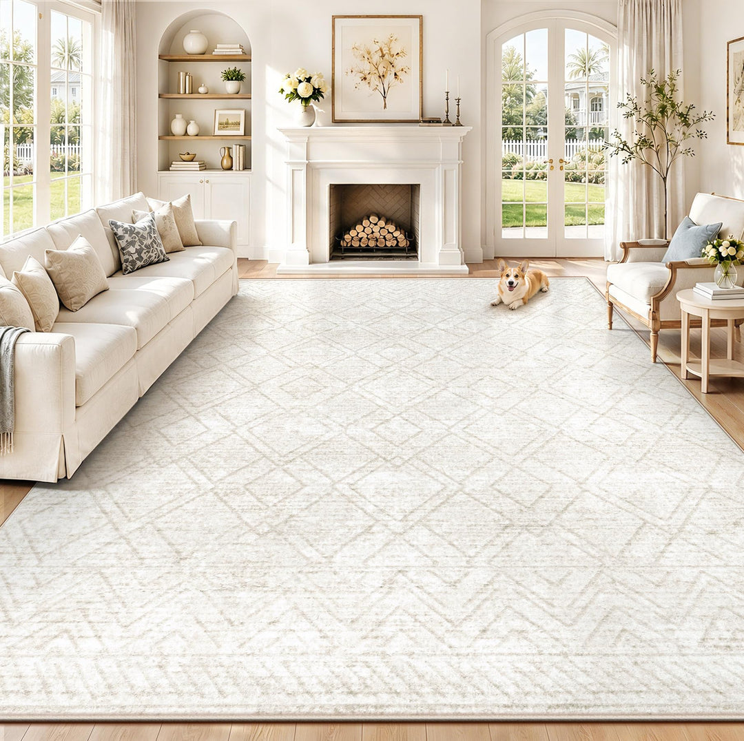 Area Rugs 8x10 Living Room Rug: Washable Geometric Neutral Rugs Boho Modern Non Slip Area Rug Large Soft Indoor Floor Low Pile Carpet - Beige 