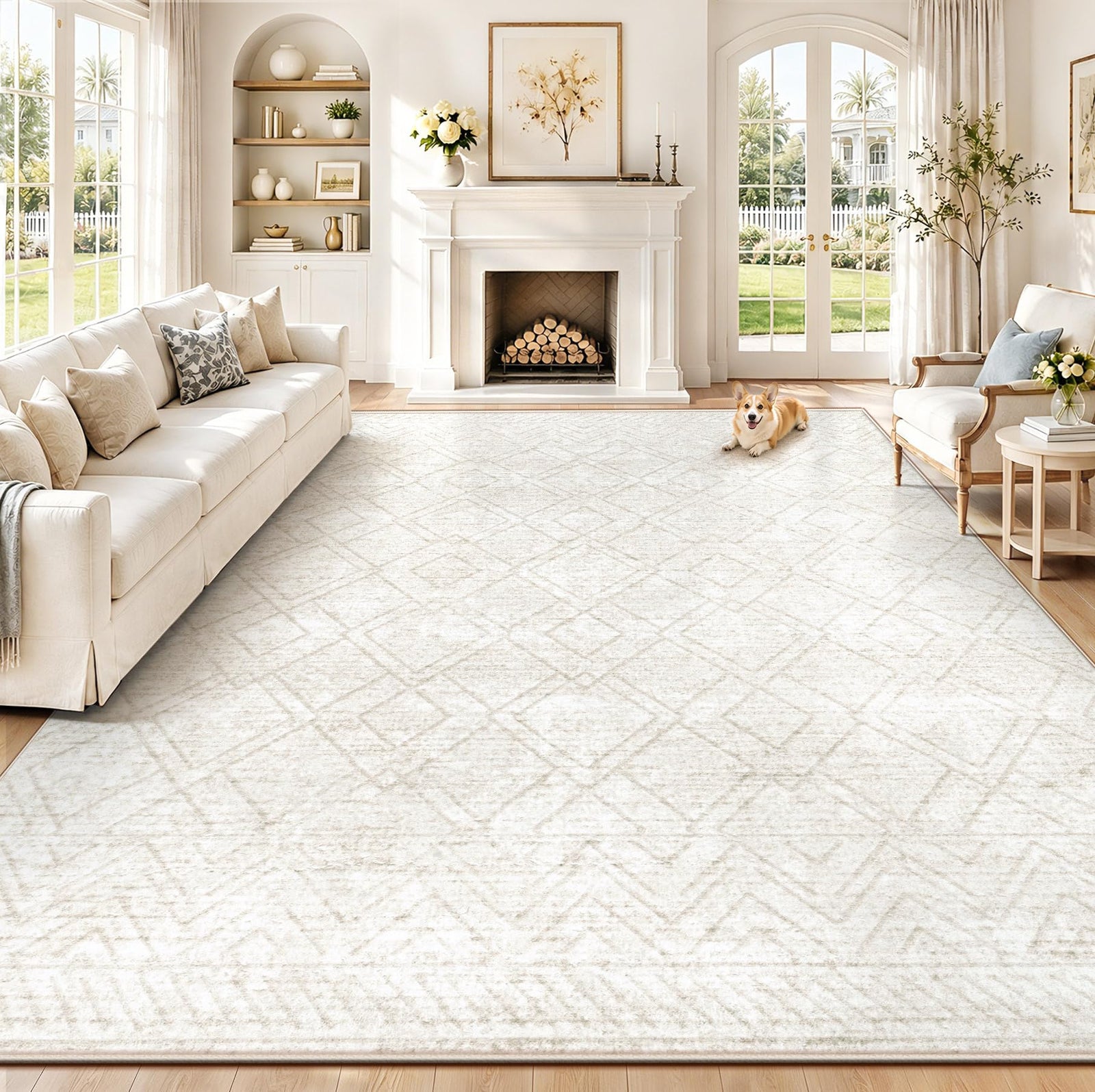 Area Rugs 8x10 Living Room Rug: Washable Geometric Neutral Rugs Boho Modern Non Slip Area Rug Large Soft Indoor Floor Low Pile Carpet - Beige 