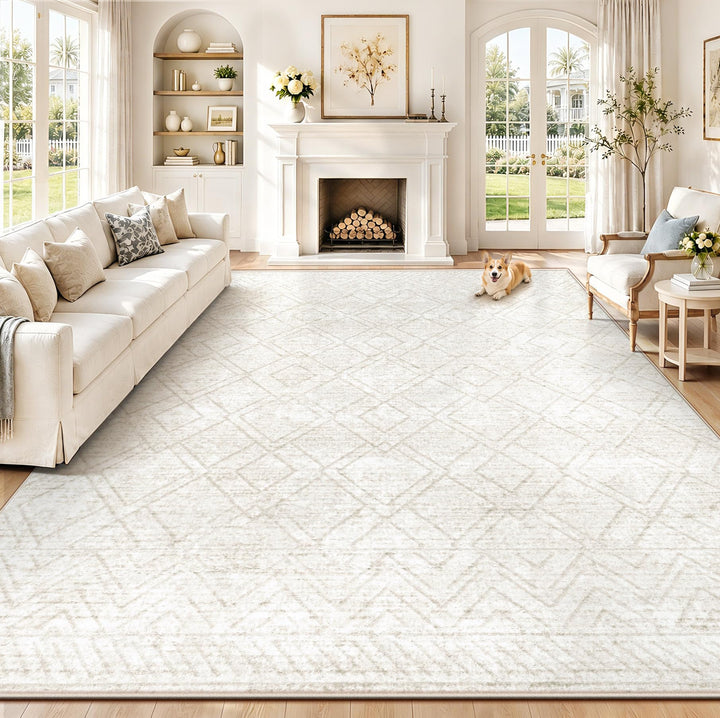 Area Rugs 8x10 Living Room Rug: Washable Geometric Neutral Rugs Boho Modern Non Slip Area Rug Large Soft Indoor Floor Low Pile Carpet - Beige 