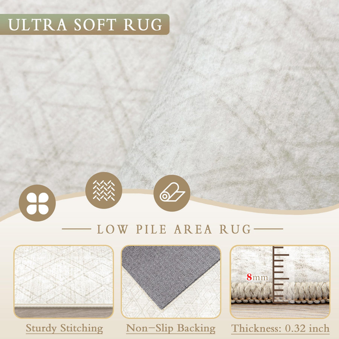 Area Rugs 8x10 Living Room Rug: Washable Geometric Neutral Rugs Boho Modern Non Slip Area Rug Large Soft Indoor Floor Low Pile Carpet - Beige 