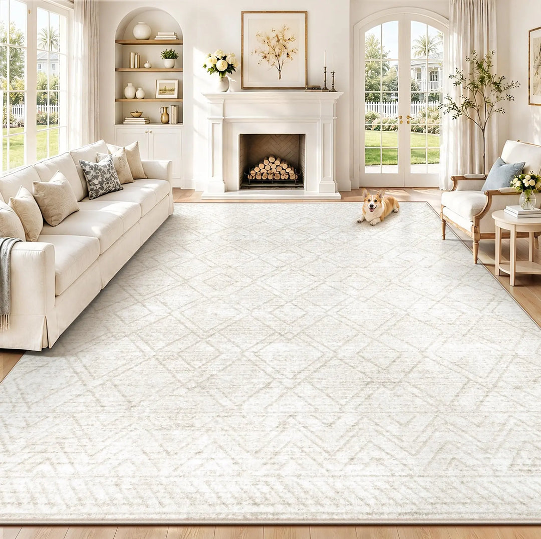 Area Rugs 8x10 Living Room Rug: Washable Geometric Neutral Rugs Boho Modern Non Slip Area Rug Large Soft Indoor Floor Low Pile Carpet for Bedroom Dining Room Home Office (Beige, 8'x10')