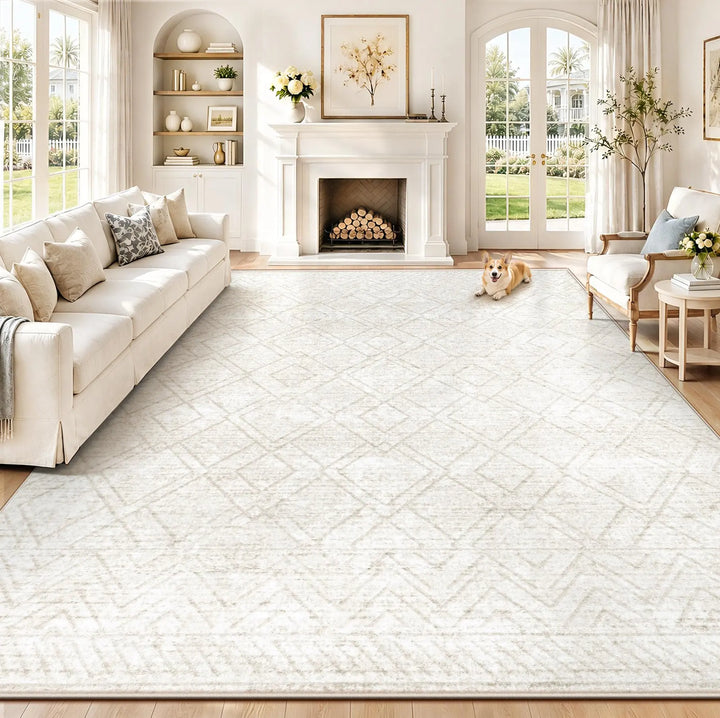 Area Rugs 8x10 Living Room Rug: Washable Geometric Neutral Rugs Boho Modern Non Slip Area Rug Large Soft Indoor Floor Low Pile Carpet for Bedroom Dining Room Home Office (Beige, 8'x10')