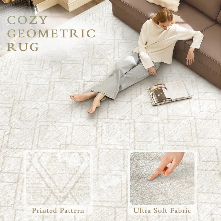 Area Rugs 8x10 Living Room Rug: Washable Geometric Neutral Rugs Boho Modern Non Slip Area Rug Large Soft Indoor Floor Low Pile Carpet for Bedroom Dining Room Home Office (Beige, 8'x10')