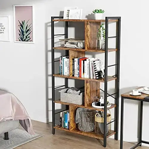 Armocity Bookcase, 5 Tier Tall Industrial Bookshelf - Rustic Brown armocity