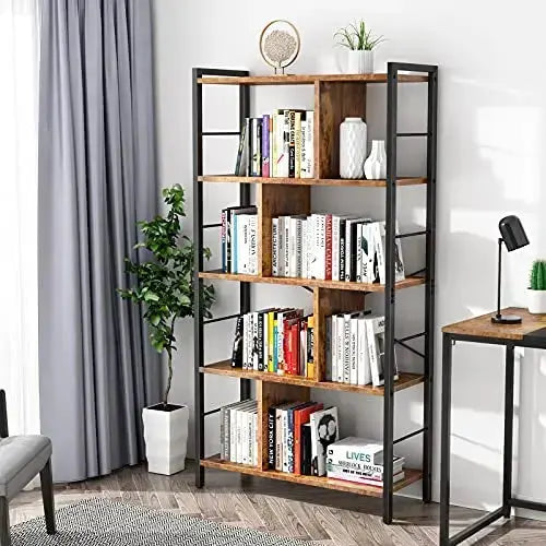 Armocity Bookcase, 5 Tier Tall Industrial Bookshelf - Rustic Brown armocity