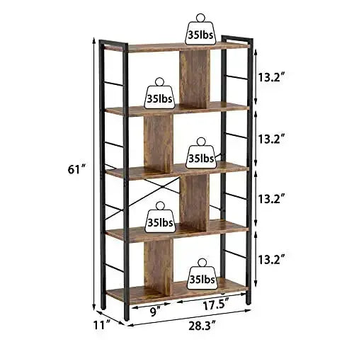 Armocity Bookcase, 5 Tier Tall Industrial Bookshelf - Rustic Brown armocity