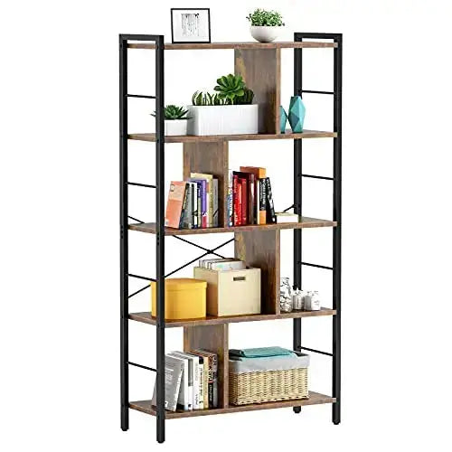 Armocity Bookcase, 5 Tier Tall Industrial Bookshelf - Rustic Brown armocity