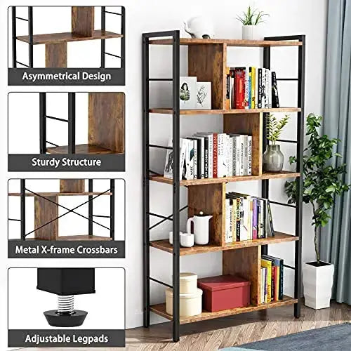 Armocity Bookcase, 5 Tier Tall Industrial Bookshelf - Rustic Brown armocity