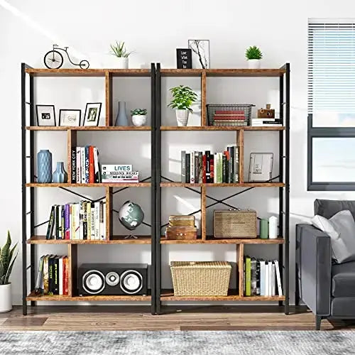 Armocity Bookcase, 5 Tier Tall Industrial Bookshelf - Rustic Brown armocity