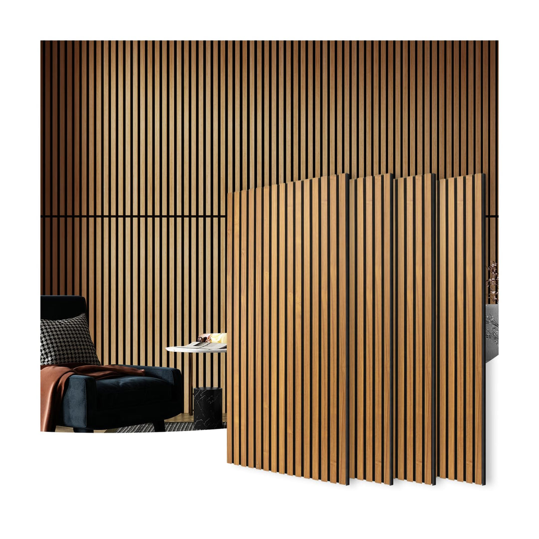 Art3d 4 Pack 47.2 x 23.6in. Wood Slat Acoustic Panels for Wall and Ceiling - 3D Fluted Sound Absorbing Panel with Wood Finish - Teak 