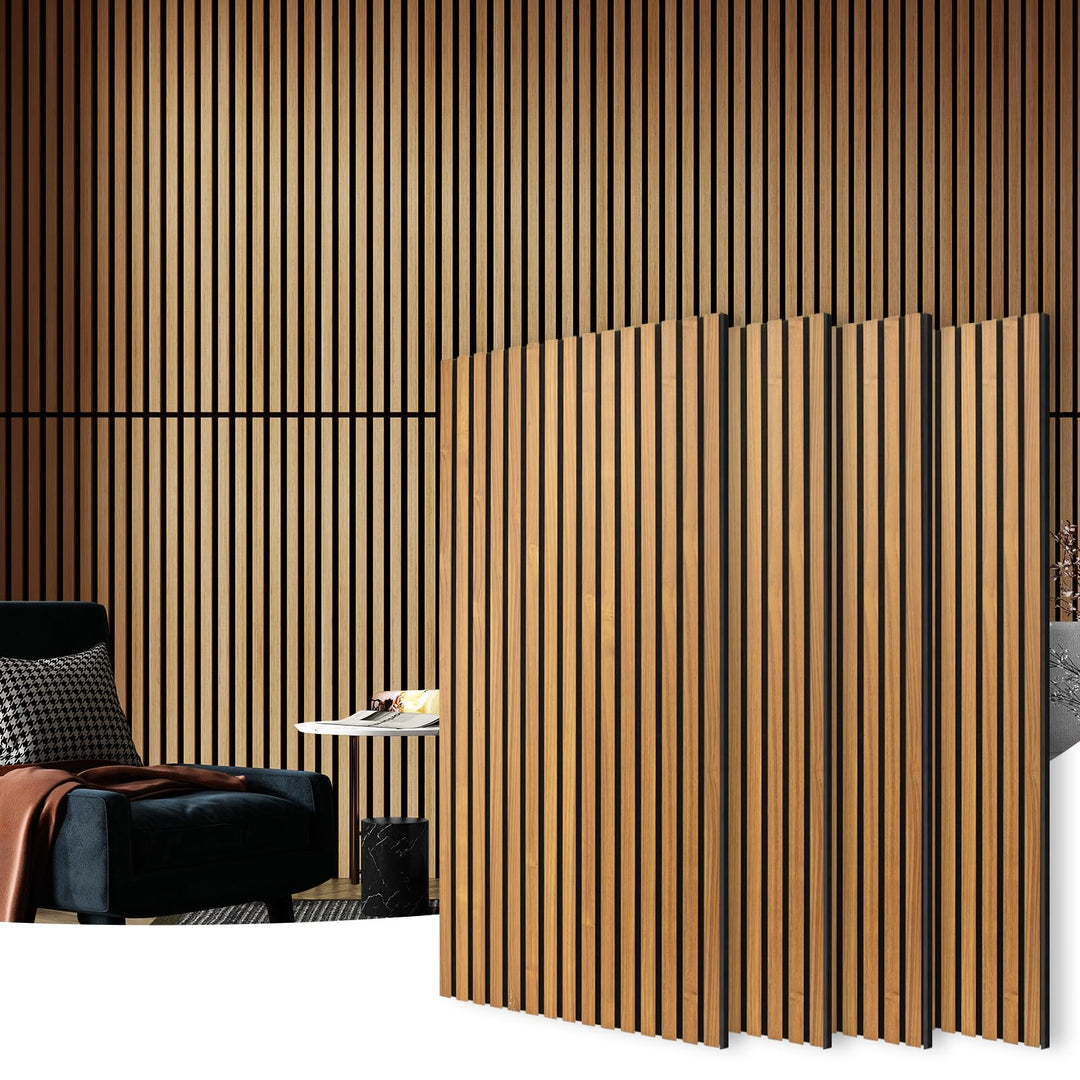 Art3d 4 Pack 47.2 x 23.6in. Wood Slat Acoustic Panels for Wall and Ceiling - 3D Fluted Sound Absorbing Panel with Wood Finish - Teak 