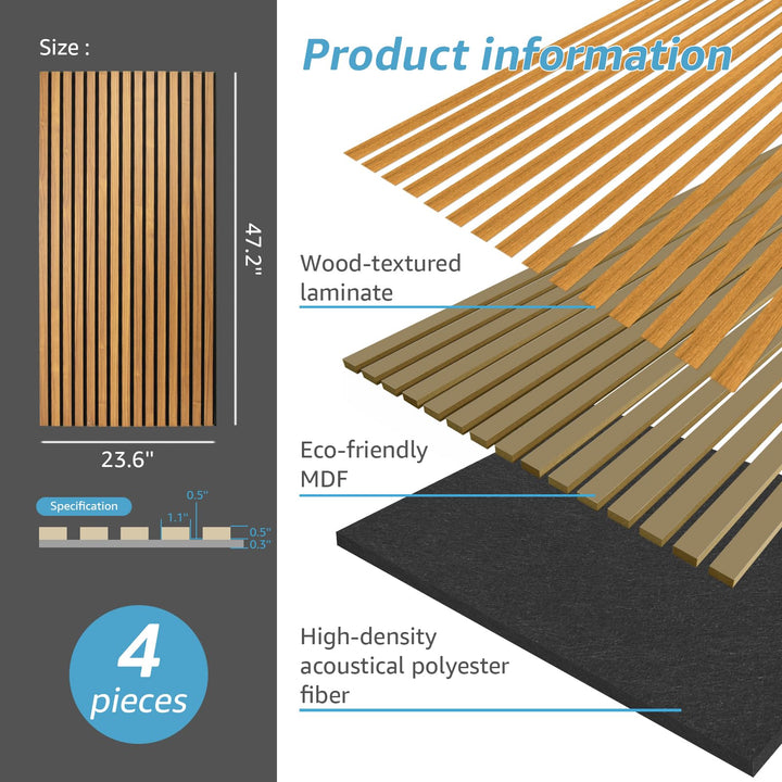 Art3d 4 Pack 47.2 x 23.6in. Wood Slat Acoustic Panels for Wall and Ceiling - 3D Fluted Sound Absorbing Panel with Wood Finish - Teak 