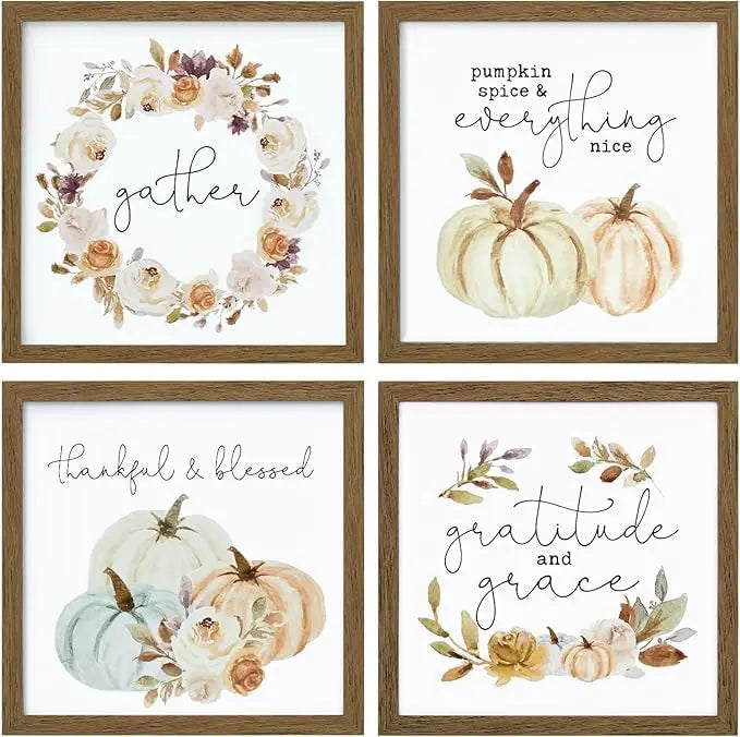 ArtbyHannah Framed Fall Wall Art Decor, 4 Pack Harvest Pumpkin Pictures