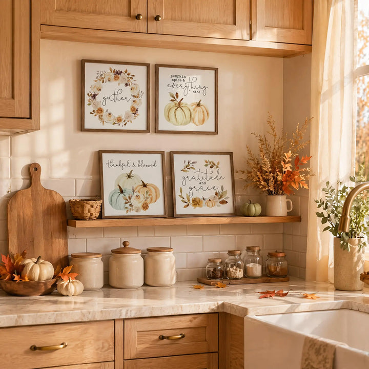 ArtbyHannah Framed Fall Wall Art Decor, 4 Pack Harvest Pumpkin Pictures