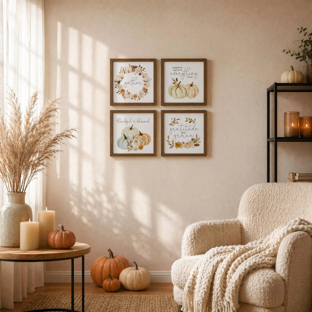 ArtbyHannah Framed Fall Wall Art Decor, 4 Pack Harvest Pumpkin Pictures