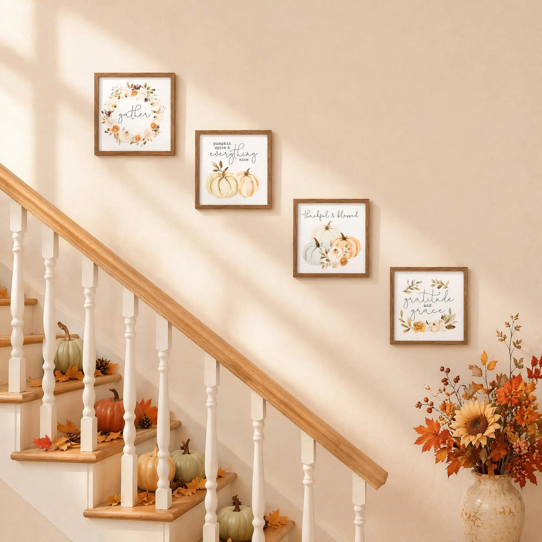ArtbyHannah Framed Fall Wall Art Decor, 4 Pack Harvest Pumpkin Pictures