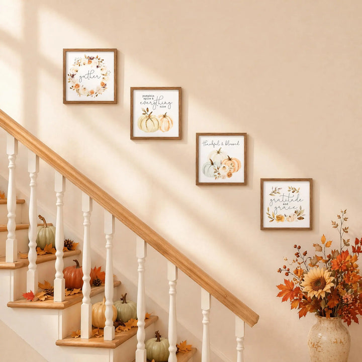 ArtbyHannah Framed Fall Wall Art Decor, 4 Pack Harvest Pumpkin Pictures