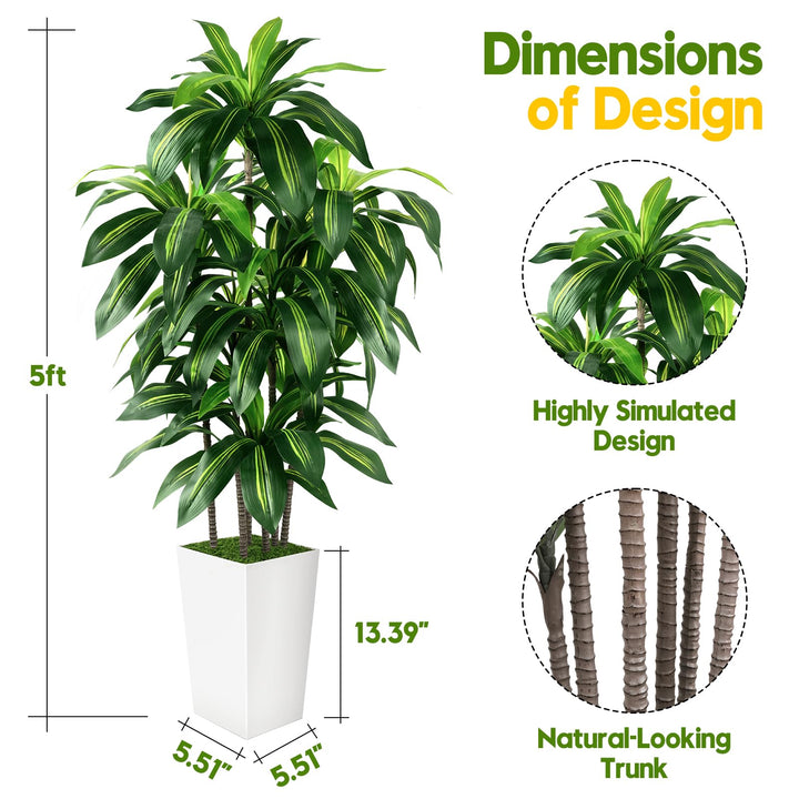 Artificial Dracaena Tree Indoor, 5FT Tall Fake Tree with White Tall Planter 