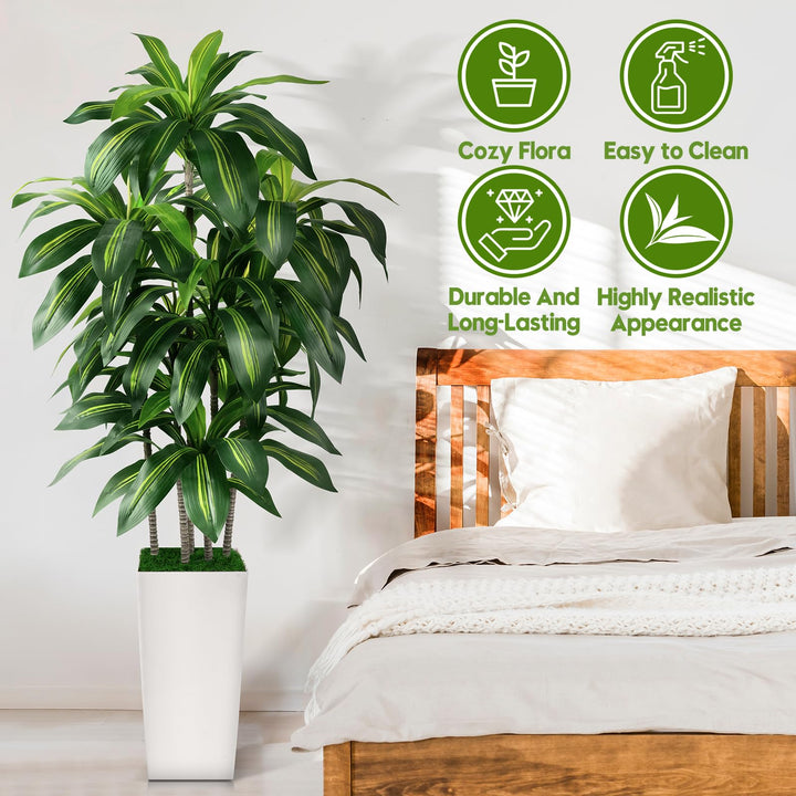 Artificial Dracaena Tree Indoor, 5FT Tall Fake Tree with White Tall Planter 
