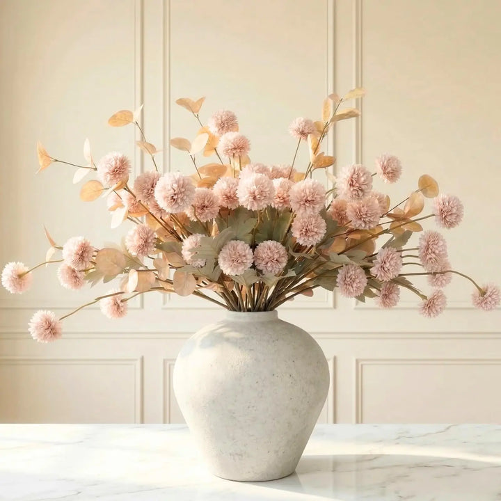 Artificial Flowers for Vase, 12 Stems Beige Faux Silk Mums with Eucalyptus