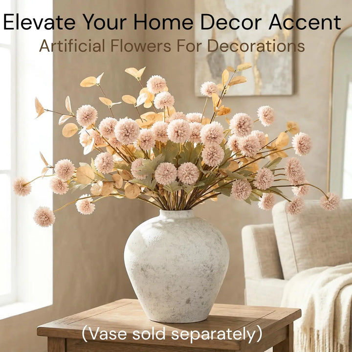 Artificial Flowers for Vase, 12 Stems Beige Faux Silk Mums with Eucalyptus