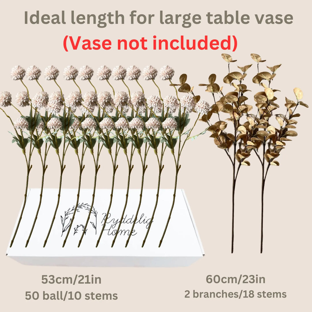 Artificial Flowers for Vase, 12 Stems Beige Faux Silk Mums with Eucalyptus