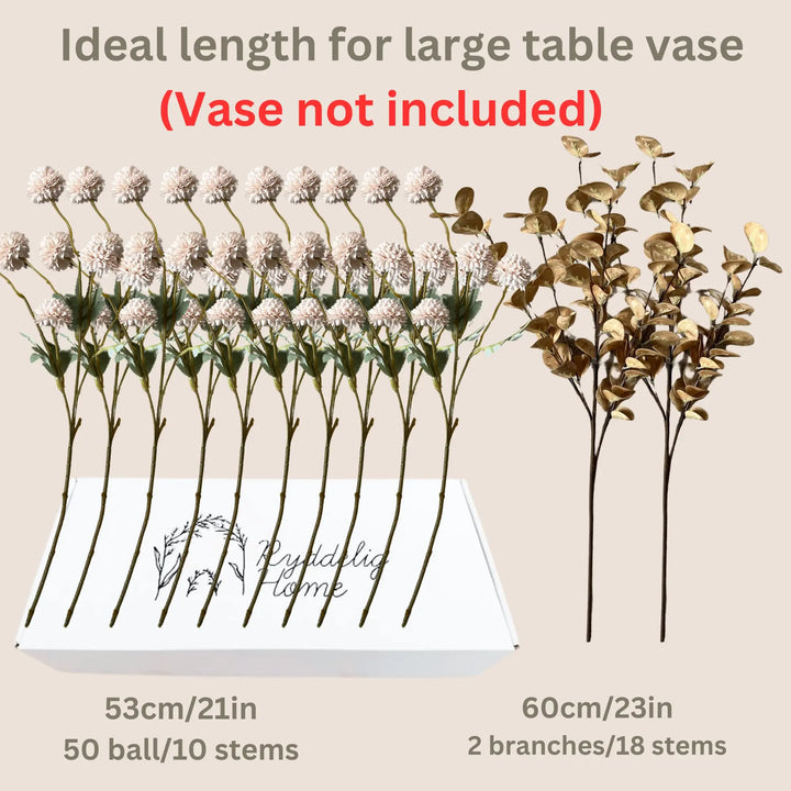 Artificial Flowers for Vase, 12 Stems Beige Faux Silk Mums with Eucalyptus