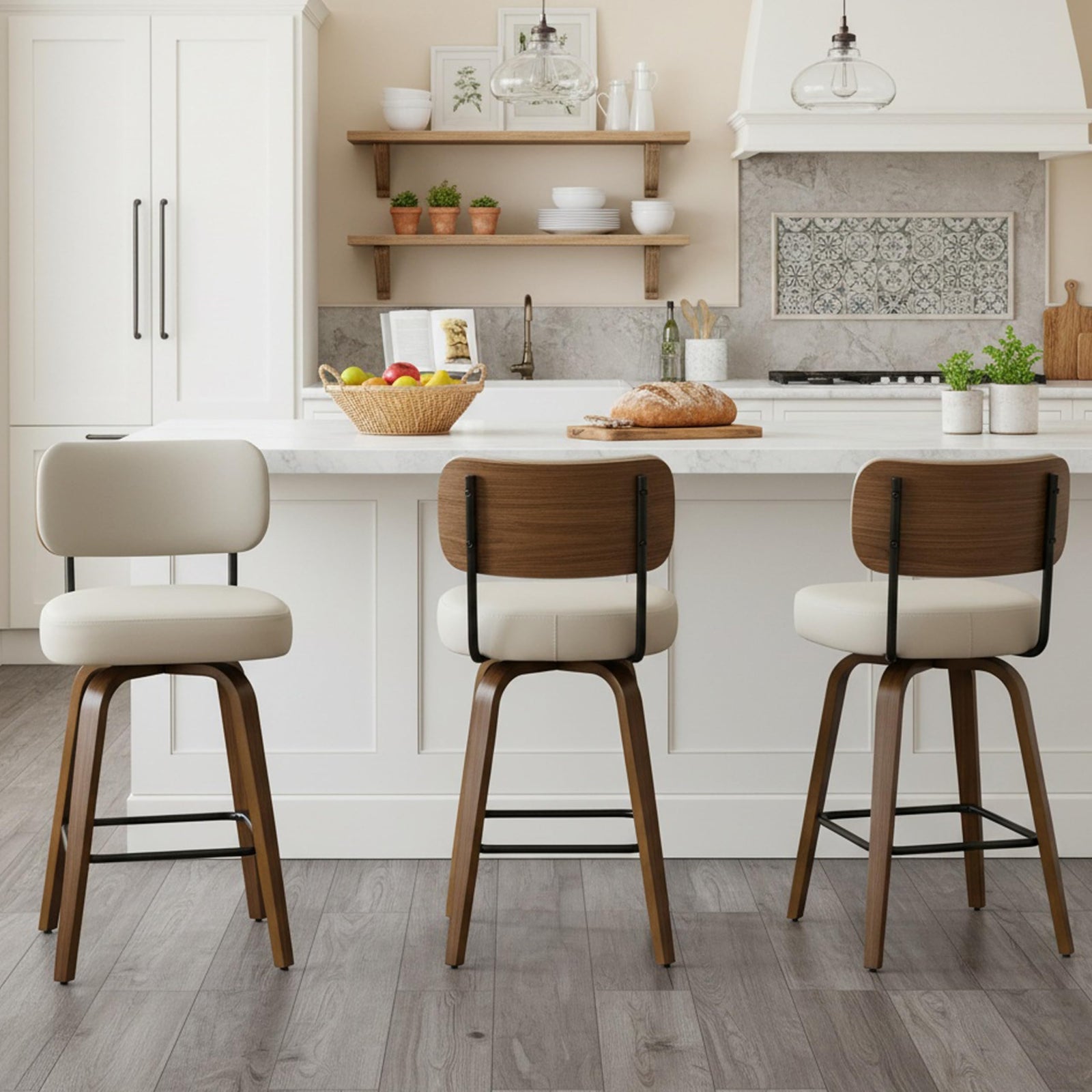 Arvasslia Swivel Bar Stools Set of 3, 26" Counter Height, Beige Grey 