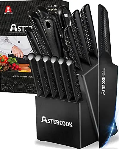 Astercook Knife Set, 15 Pieces Chef Knife Set with Block for Kitchen,  German Stainless Steel Knife Block Set, Dishwasher Safe, Best Gift