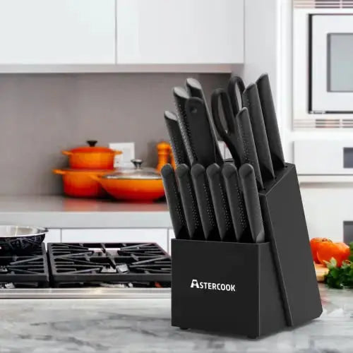 Astercook Knife Set, 15-PC German Stainless Steel Kitchen Knives - Black