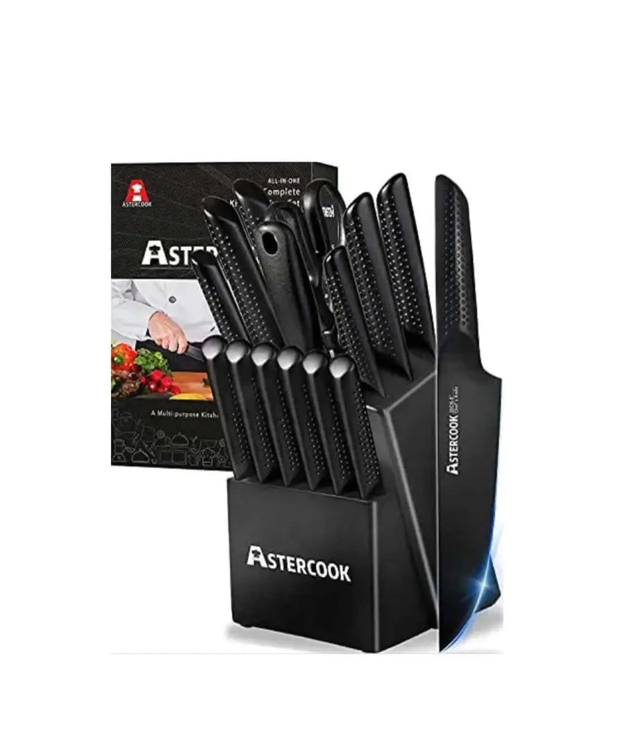 Astercook Knife Set, 15-PC German Stainless Steel Kitchen Knives - Black 