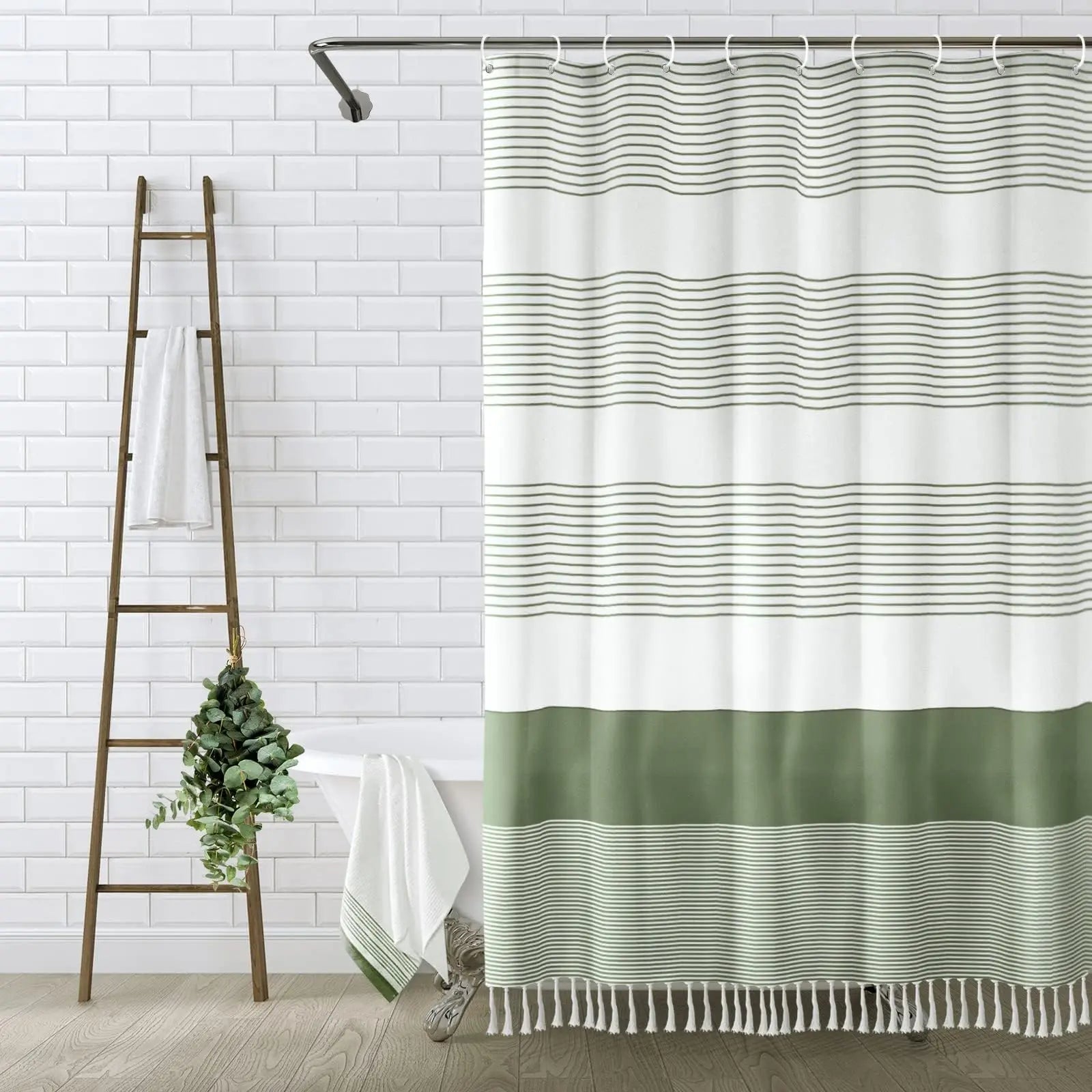 Awellife Boho Sage Green Shower Curtain, Stripes, Tassels, 72" 