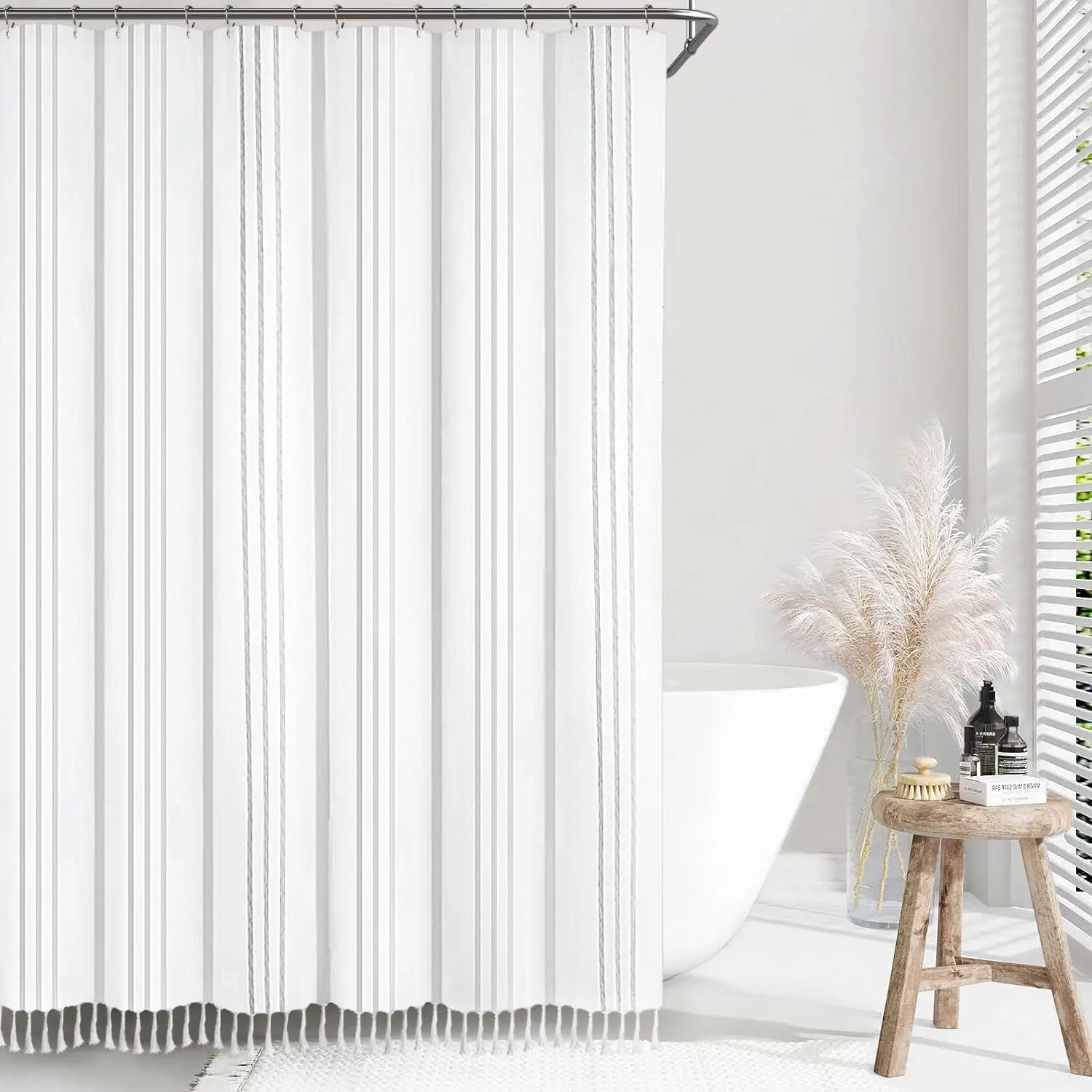 Awellife Farmhouse Grey Shower Curtain, 72" x 72" - Gray Striped White Linen 