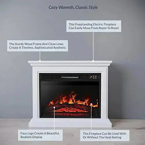 BELLEZE 31" Mantel with 23" Electric Fireplace, Compact Freestanding with Realistic LED Flames - White
