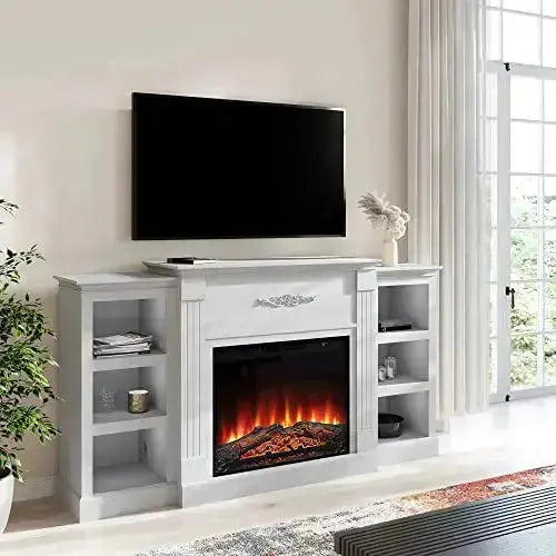 BELLEZE Electric Fireplace Mantel TV Stand, 70" for TVs up to 68" - White