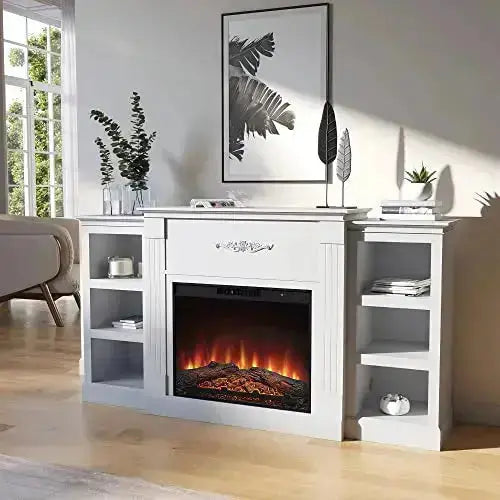BELLEZE Electric Fireplace Mantel TV Stand, 70" for TVs up to 68" - White