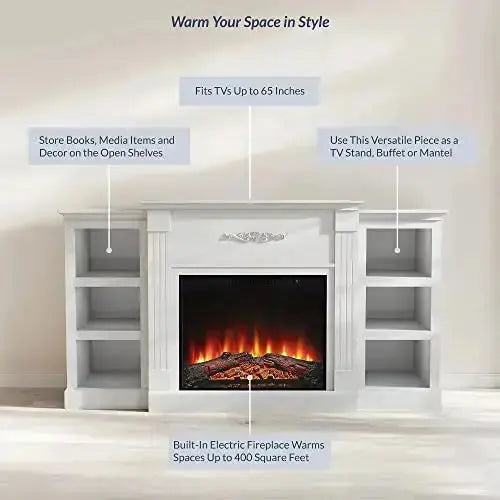 BELLEZE Electric Fireplace Mantel TV Stand, 70" for TVs up to 68" - White