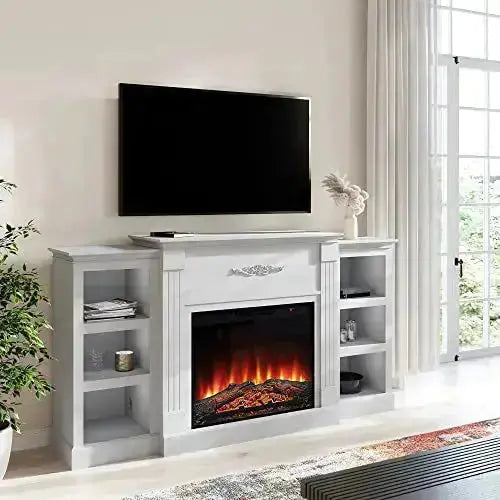 BELLEZE Electric Fireplace Mantel TV Stand, 70" for TVs up to 68" - White