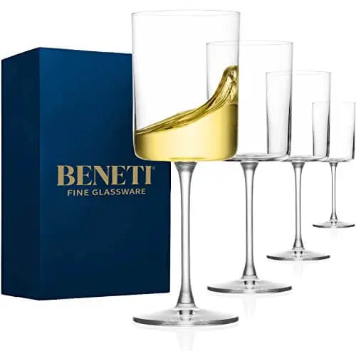 BENETI Square Crystal Wine Glasses, 14 oz, Set Of 4